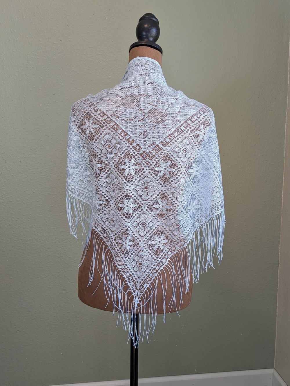 Baby Blue Lace Fringe Triangle Shawl